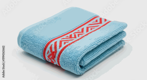 Light blue folded towel with red and white geometric pattern band, clean bathroom linen, spa accessory vector.