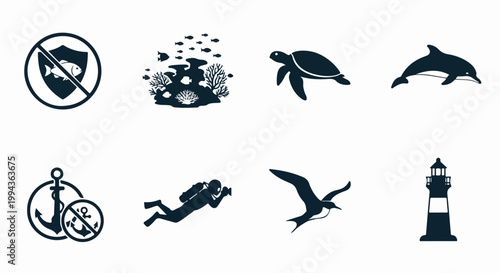 Marine life vector icons set with sea turtle, dolphin, diver, lighthouse, and coral reef. Nautical symbols for ocean conservation and maritime themes.