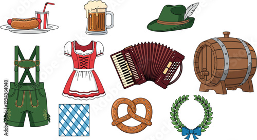 Oktoberfest Celebration Collection Featuring Pretzel, Beer, Dirndl, Lederhosen, Accordion, and Traditional German Food and Drink Icons.