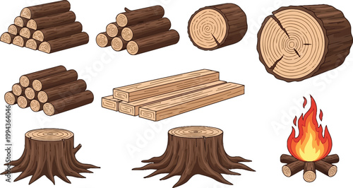 Vector illustration set of wood logs, tree stumps, timber planks, and a campfire isolated on white background for forestry and camping design