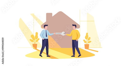 Real Estate Transaction Illustration with Two Men Exchanging Keys