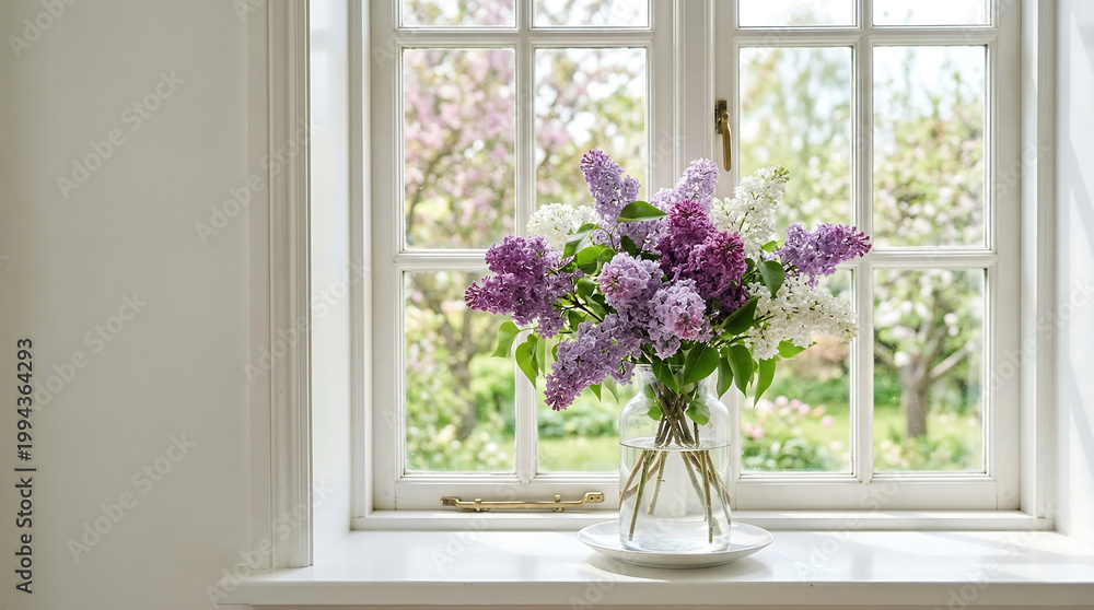 Fototapeta premium Bouquet of fresh purple and white lilac flowers arranged in a clear glass vase on a bright windowsill. Soft natural sunlight and blooming garden visible through the window create a peaceful spring