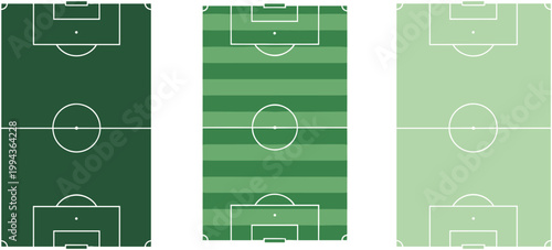 "Set of Soccer Field Designs Featuring Solid Green, Striped Green, and Light Green Grass for Sports and Game Layouts"