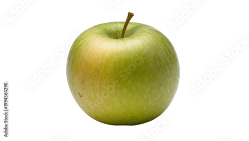 Greenish yellow speckled apple with brown stem and calyx