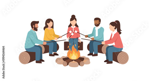 Group of Friends Sitting Around Campfire Sharing Stories