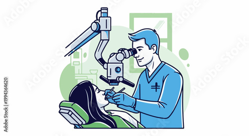 Dentist examining a patient's teeth with a microscope in a clinic setting