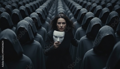 Determined woman holding white theatrical mask while standing amidst large group of mysterious hooded figures in grey