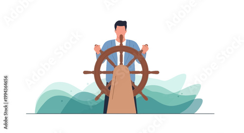 Office Worker Driving Ship's Helm in Sea with Waves