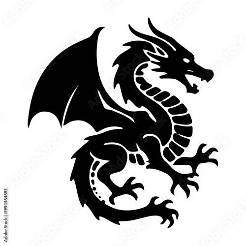 Black dragon silhouette illustration isolated on white background