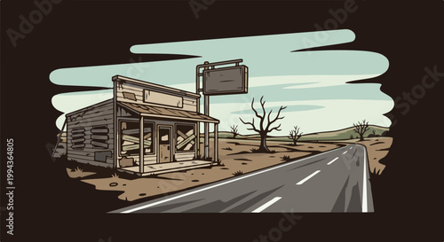 Desert road leads to a boarded-up, weathered abandoned building under a cloudy sky