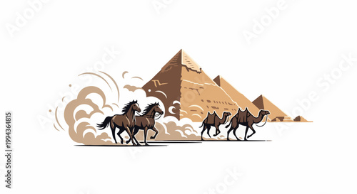 Desert scene with horses and camels in front of pyramids