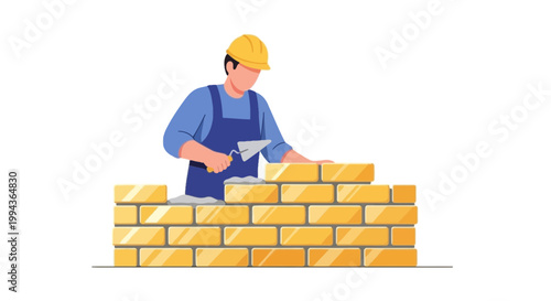Construction Worker Building a Brick Wall with Trowel and Safety Helmet