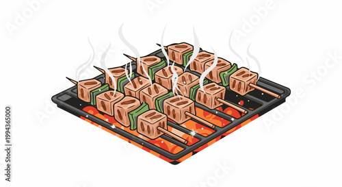 Cubes of food and green pepper grilled on skewers, emitting steam