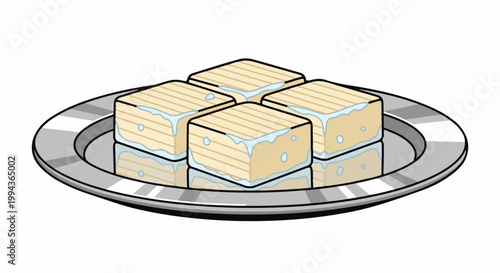 Cubes of light yellow food with dripping icy glaze on a silver platter