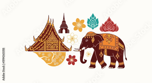 Cultural Thai motifs an elephant, temple, pagodas, and flowers on white