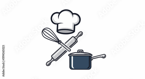 Culinary tools chef's hat, whisk, rolling pin, and saucepan