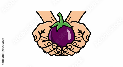 Cupped hands gently hold a vibrant, ripe eggplant with a green stem