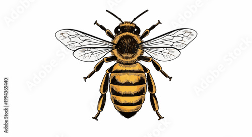 Detailed illustration of a bee with striped abdomen, fuzzy thorax, and transparent, veined wings