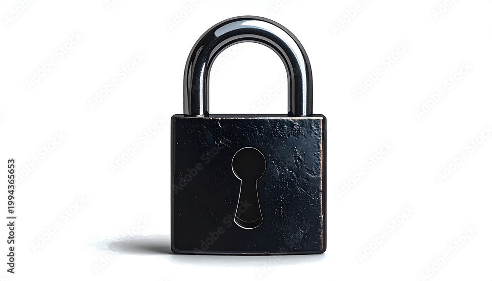 Naklejka premium A close-up shot showcases a black padlock against a stark white background, emphasizing its metallic texture and secure design.