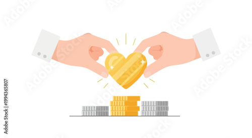 Hands Holding a Heart Over Coins Symbolizing Financial Giving and Charity