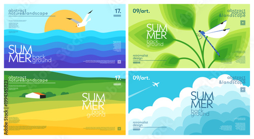 Set of landscape summer horizontal backgrounds with sea or ocean and seagull, plant and dragonfly, clouds and airplane, hills and building. Simple nature gradient geometric design for cover, banner