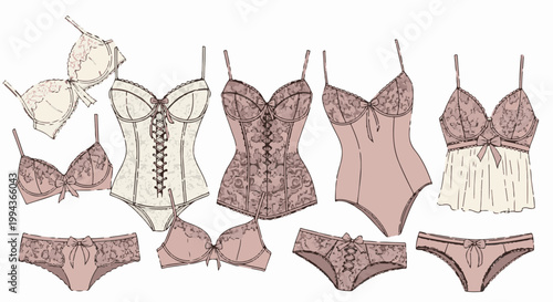 Delicate lace and satin lingerie pieces arranged, including bras, corsets, and bottoms
