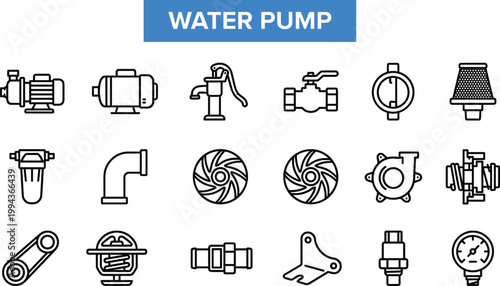Water pump and plumbing equipment icons set with valves pipes filtration and industrial fluid control systems vector