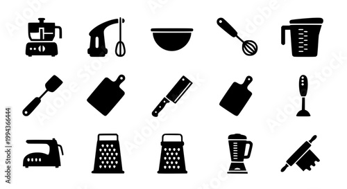 Kitchen utensil silhouette icon set with food processor bowl whisk blender and cooking preparation tools vector