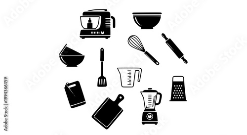 Cooking preparation kitchen utensil silhouette icon collection with food processor bowl whisk and tools vector