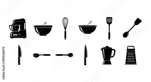 Black kitchen utensil icons featuring food processor bowl whisk spatula and cooking equipment vector set