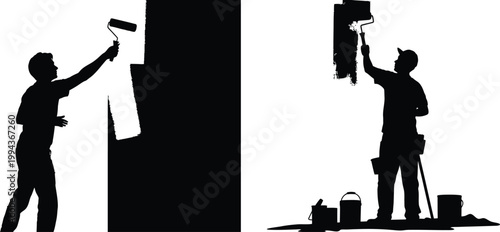 Two men painting walls with paint rollers buckets ladders black and white painting renovation