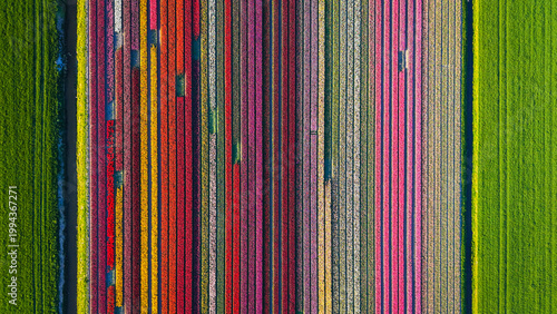 Photography Top down aerial photo of colorful tulip field in the Dutch countryside