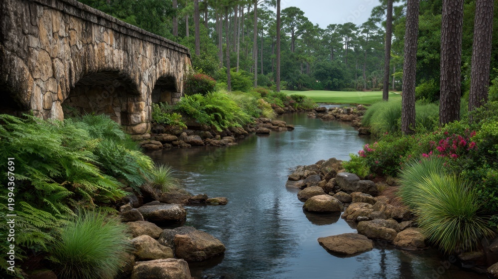 Fototapeta premium Serene Landscape with Stone Bridge Over Tranquil Stream Surrounded by Lush Greenery and Colorful Flowers