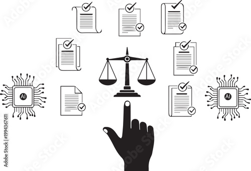 Digital law and technology illustration of a hand interacting with legal documents and AI circuits around a judicial scale, symbolizing justice and artificial intelligence in legal processes