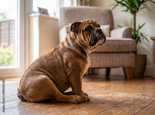 Photos Charming English Bulldog puppy sitting on a polished wooden floor in a cozy living room