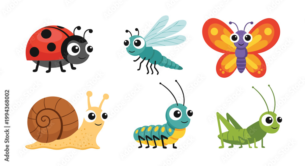 Naklejka premium Collection of colorful cartoon insects including a ladybug butterfly dragonfly snail caterpillar and grasshopper for children learning.