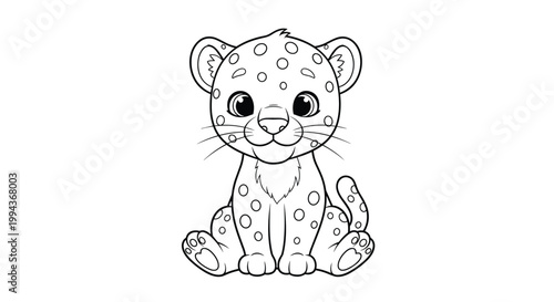Adorable baby leopard sitting and looking forward with spotted fur in black and white line art style for children coloring pages.