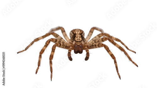 Brown furry spider with eight legs and dark markings close up