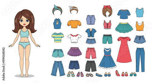 Paper doll set for girls featuring a cute female character with various summer outfits including dresses skirts shorts and colorful accessories.