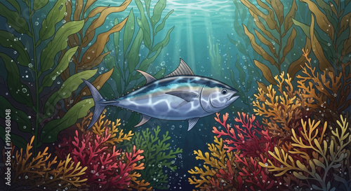 Tuna fish, underwater scene, colorful coral reef, ocean illustration, seaweed