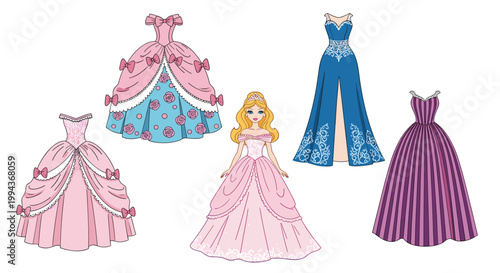 Princess paper doll collection featuring a beautiful blonde character and multiple elegant ball gowns in pink blue and purple colors.