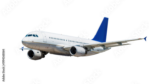 Photos Sleek passenger airplane with blue vertical stabilizer in flight