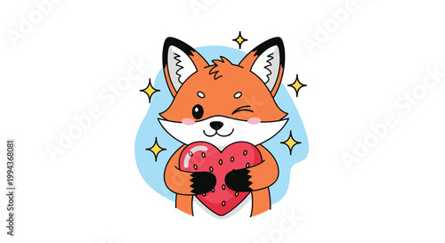 Adorable cartoon fox holding a red heart with strawberry seeds and winking surrounded by sparkles on a light blue background.