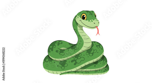 Friendly green snake coiled and smiling with its tongue out in a playful cartoon style on a white background.