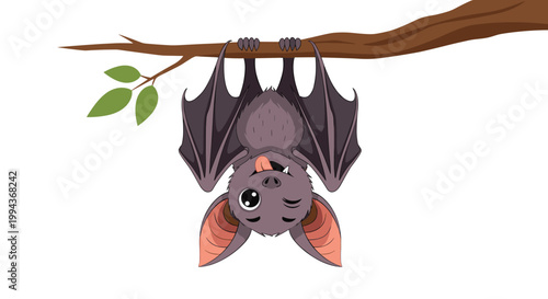 Cute bat character hanging upside down from a tree branch winking and sticking its tongue out for halloween themes.
