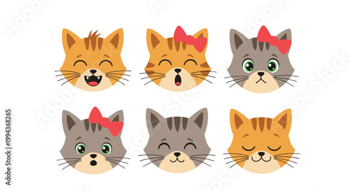 Collection of cute cat faces with various emotional expressions and bows for stickers or character design projects.
