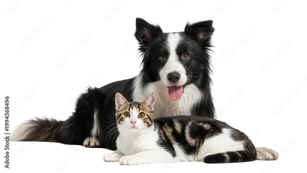 Fototapeta premium Black and White Border Collie with Tabby Kitten Resting Together