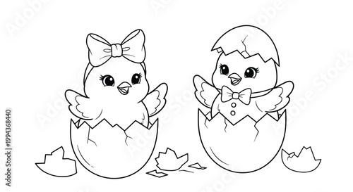 Pair of newborn chicks with a bow and bowtie are hatching from their eggshells in this sweet line art illustration.