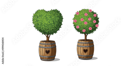 Two decorative topiary trees are planted in wooden barrels, with one being heart shaped and the other round with pink roses.