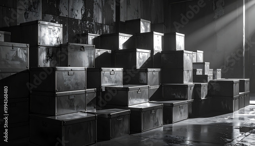 A monochromatic composition showcases a multitude of stacked metal crates bathed in dramatic light, creating a sense of industrial mystery and organized chaos.